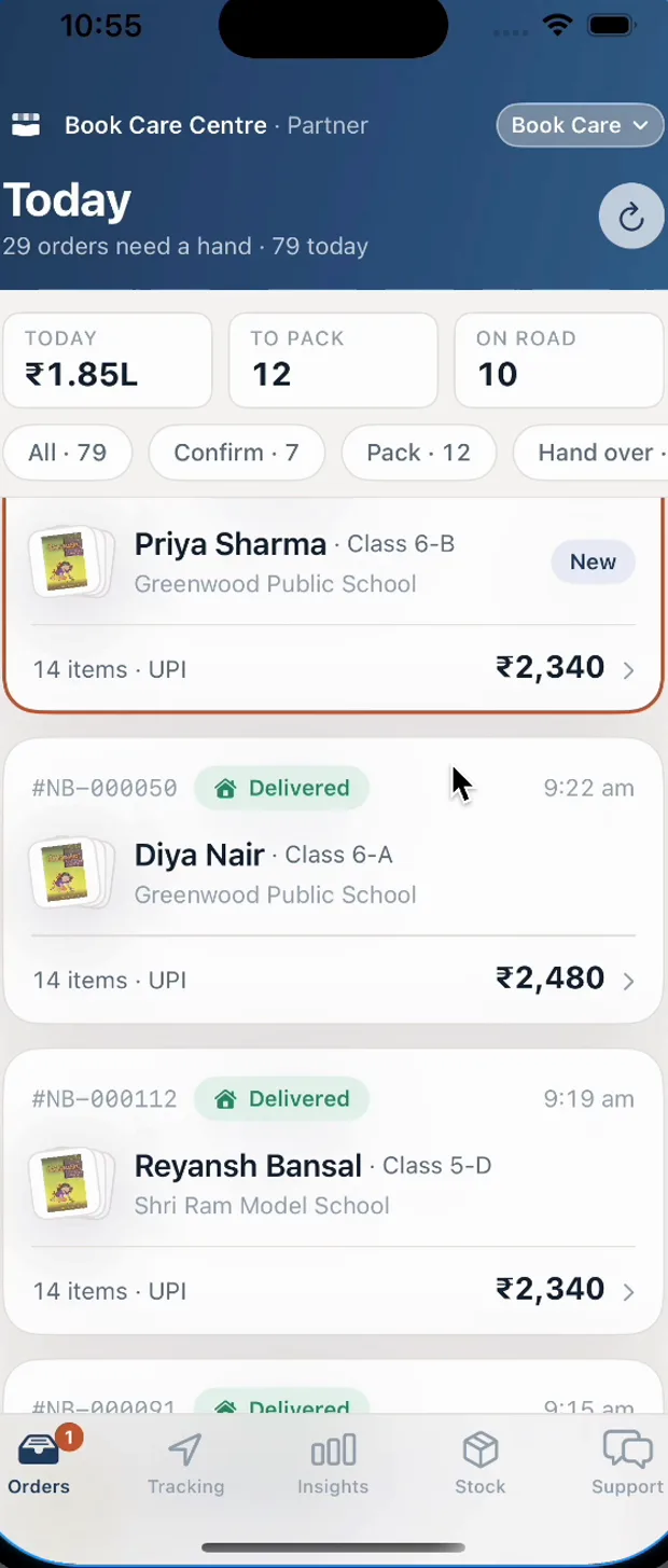 The bookseller's partner dashboard headed Today, showing ₹1.85L, 79 orders and 10 riders on the road