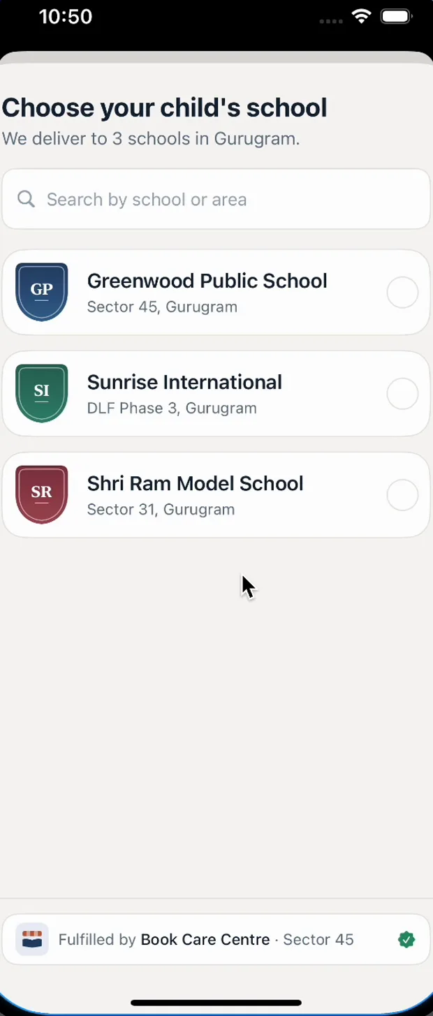 School picker screen listing Greenwood Public School, Sunrise International and Shri Ram Model School in Gurugram