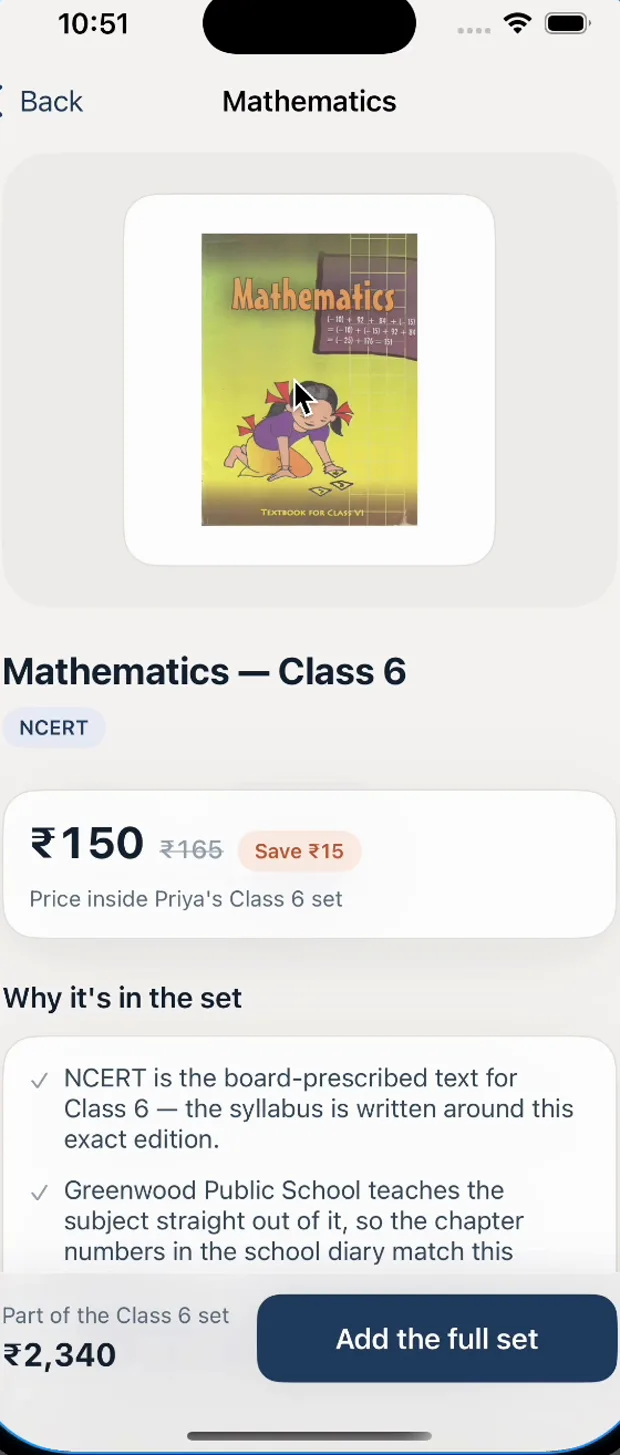 Product screen for the Class 6 Mathematics NCERT textbook priced at ₹150, saving ₹15, with a note explaining why it is in the set