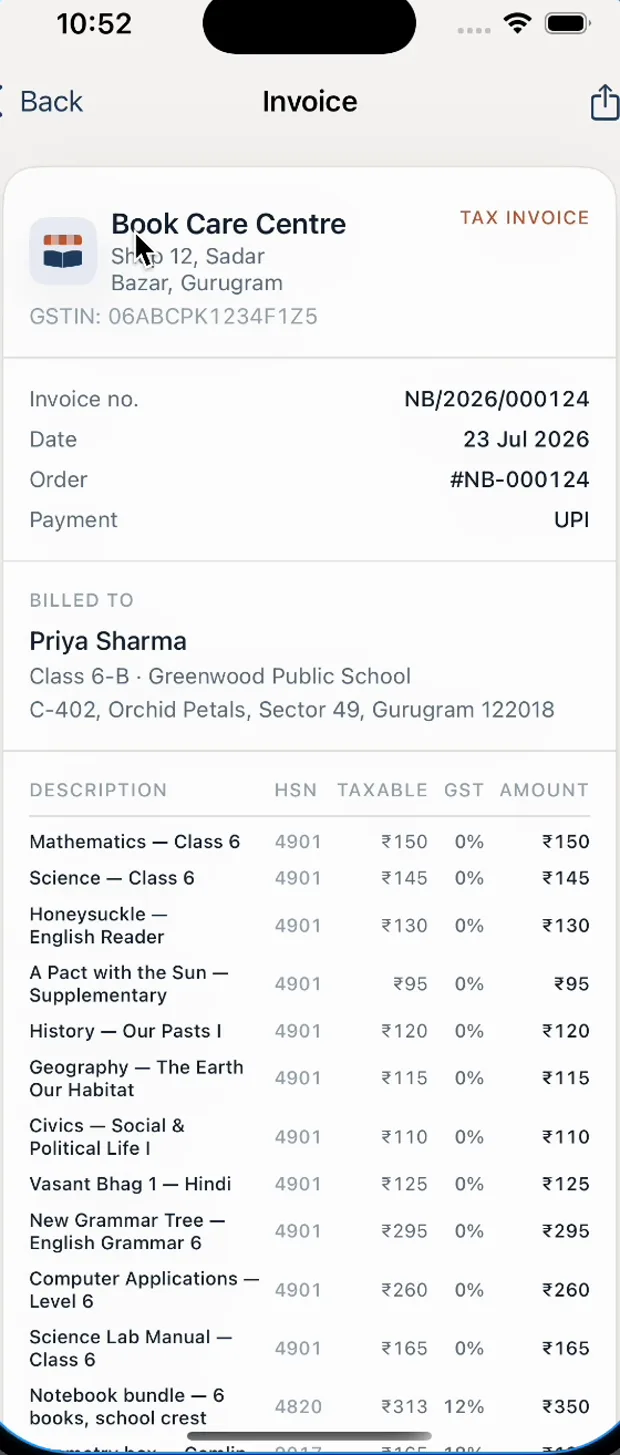 A GST tax invoice from Book Care Centre for Priya Sharma, itemising each book with HSN codes and GST, in the bookseller's name