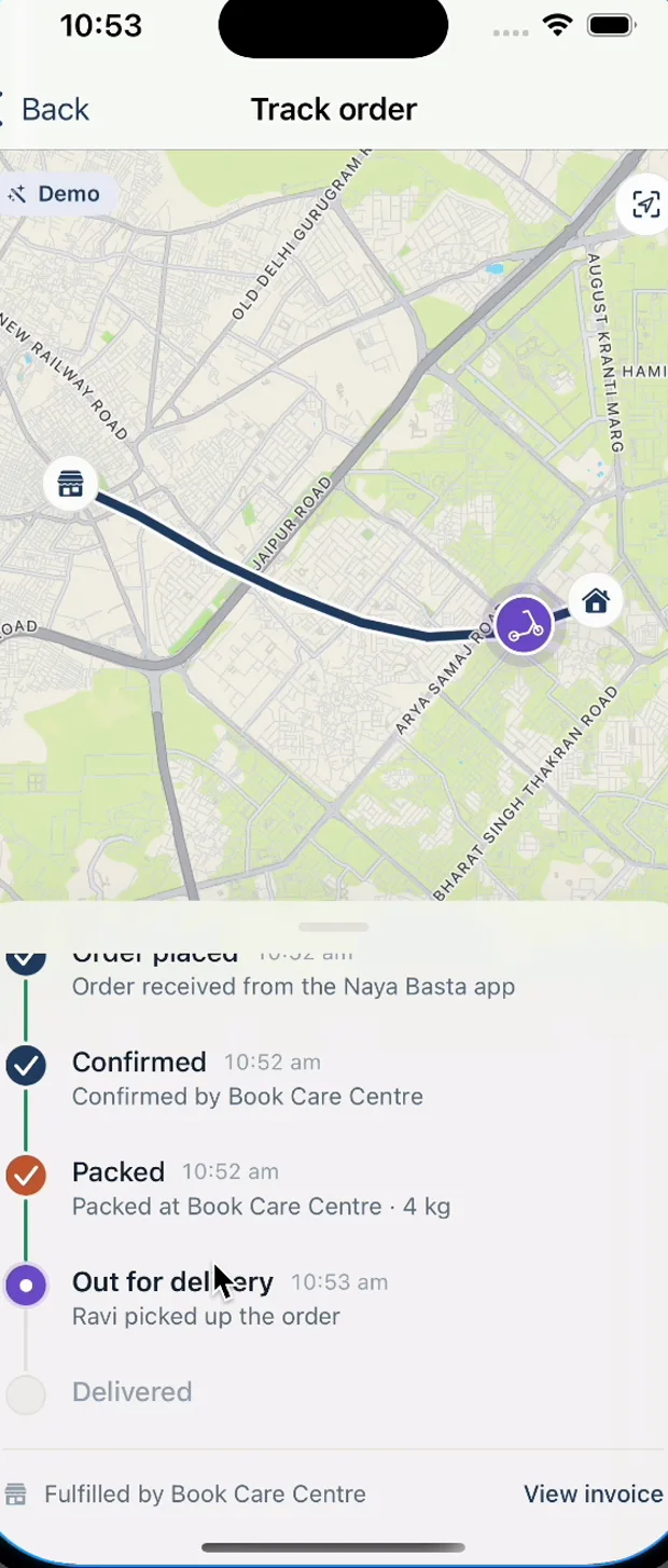Live order tracking screen with the rider shown on a map en route to home