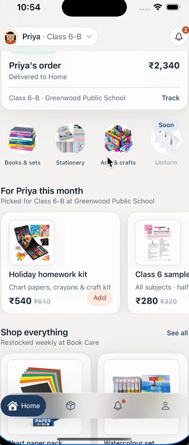 The home feed suggesting a holiday homework kit for ₹540, picked for Priya's class this month
